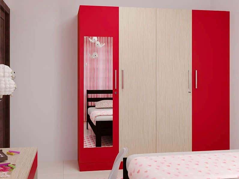 Red and wooden wardrobe 
