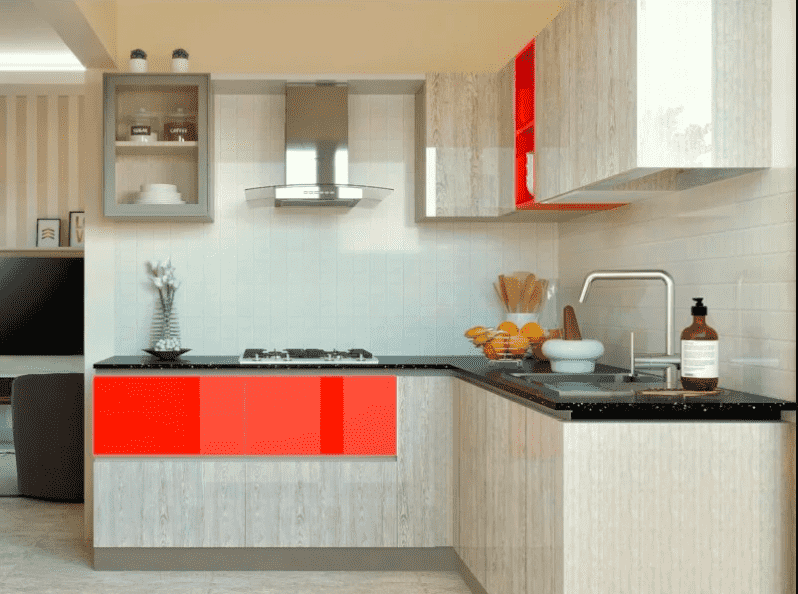 red and woodgrain colour kitchen