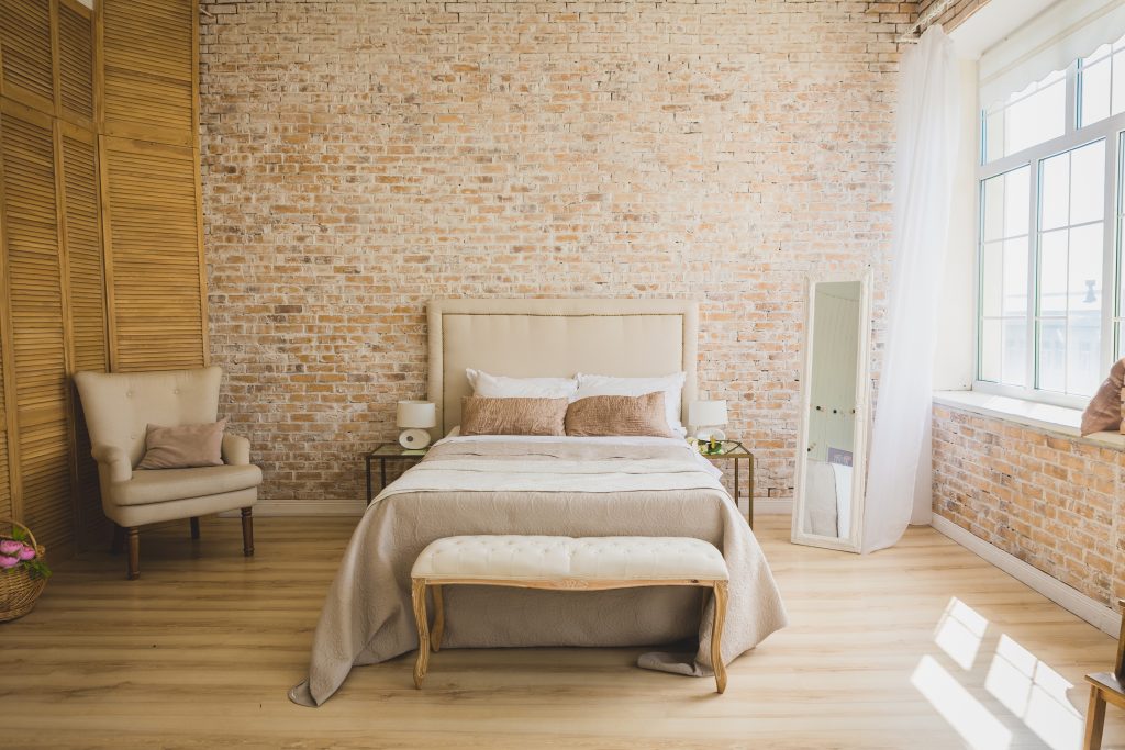 brick walls in bedroom