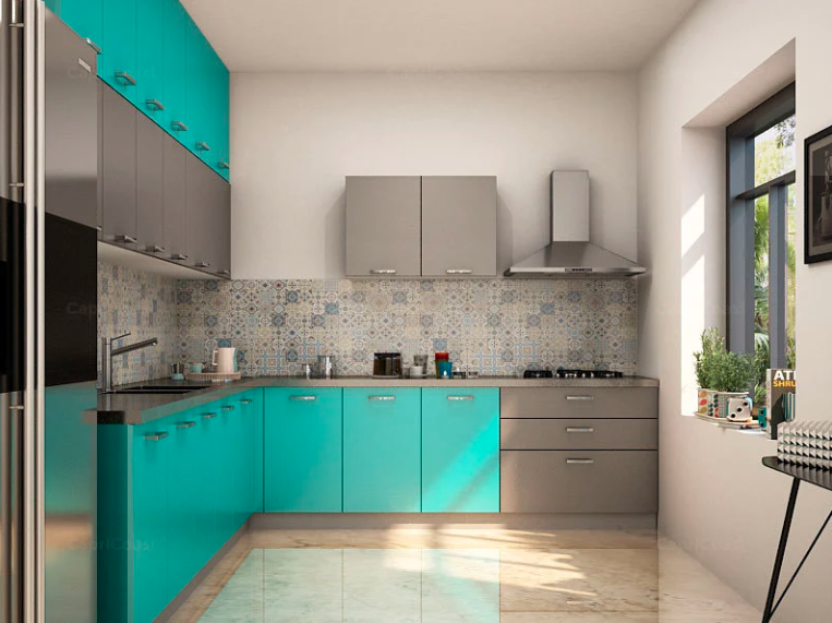 Sky blue and grey kitchen 