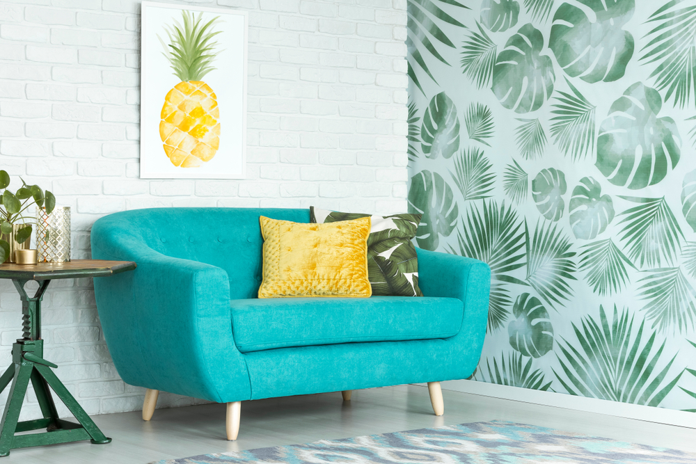 tropical vibe living room feature wall