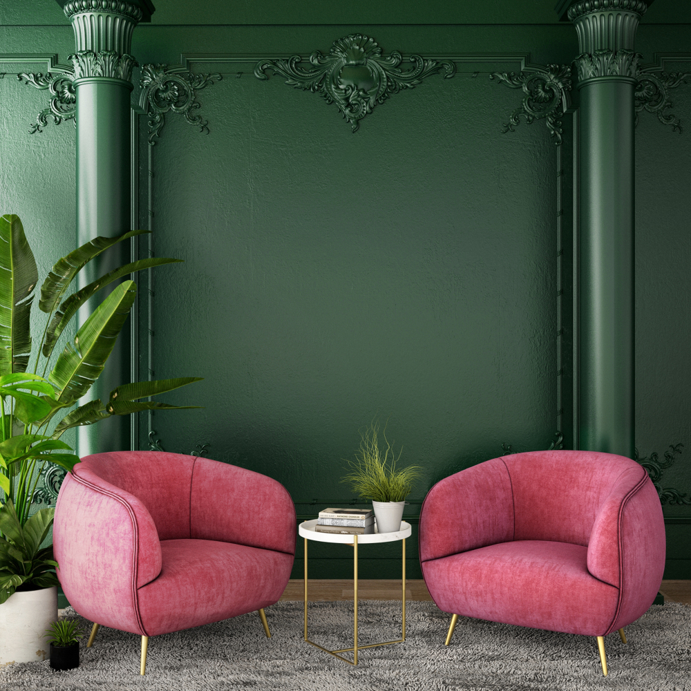 Rose pink furniture on green wall
