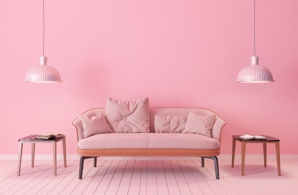 pastel pink walls with furniture