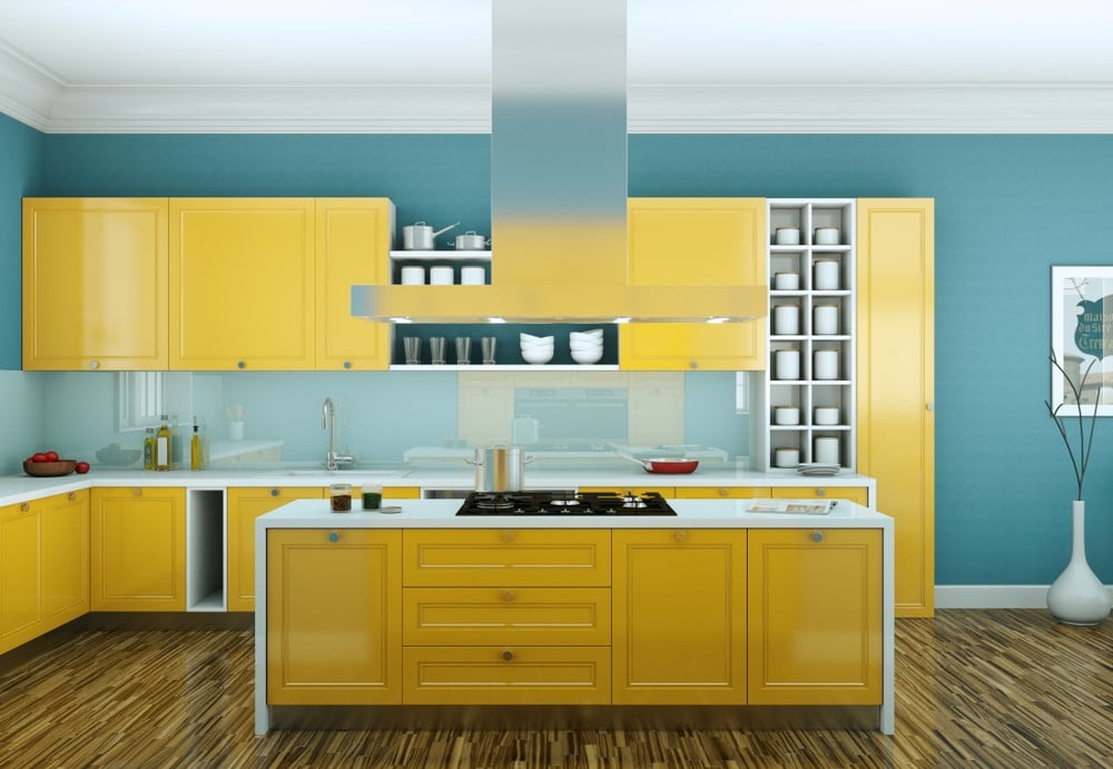 yellow and blue kitchen