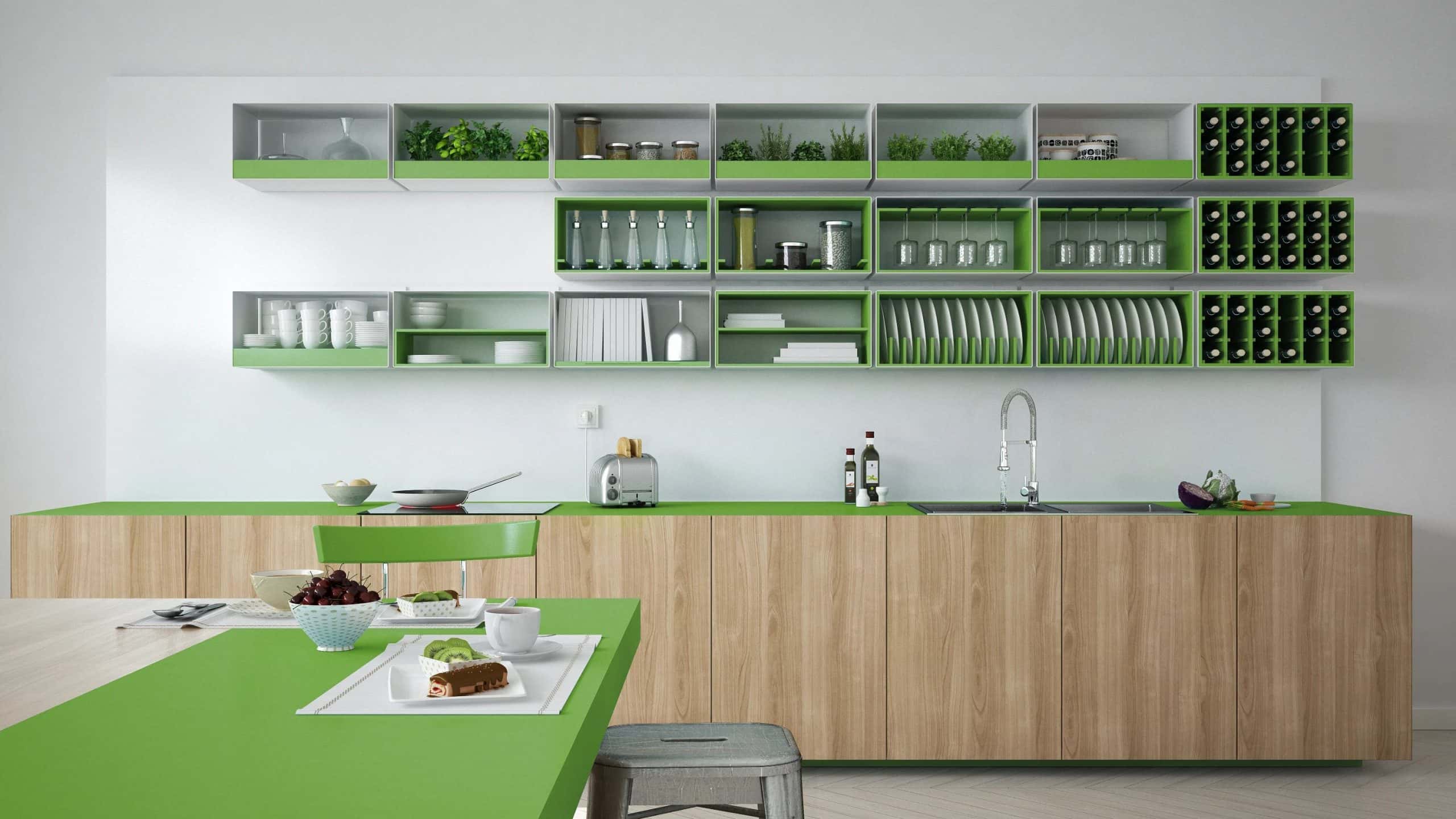 green and wooden kitchen