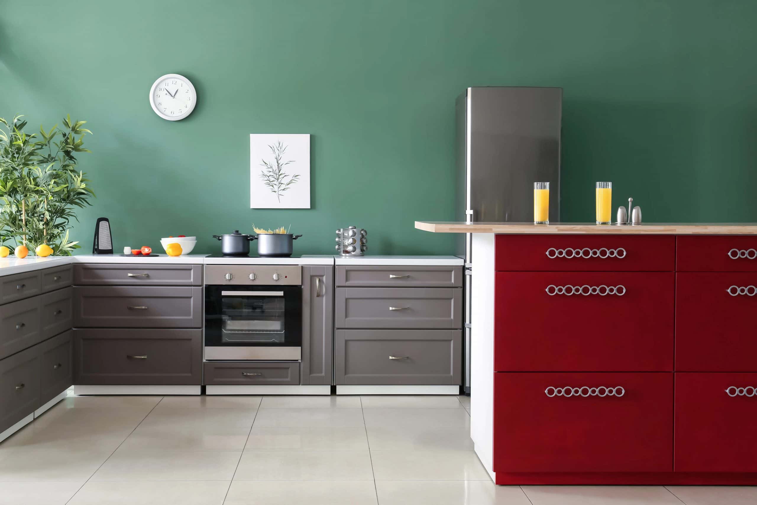 red green and grey kitchen
