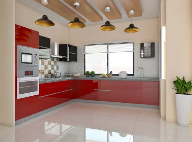 red white and silver grey kitchen