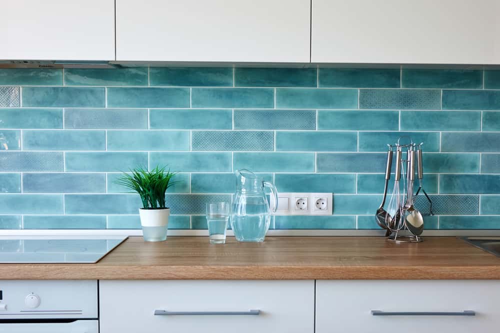 blue colored kitchen 