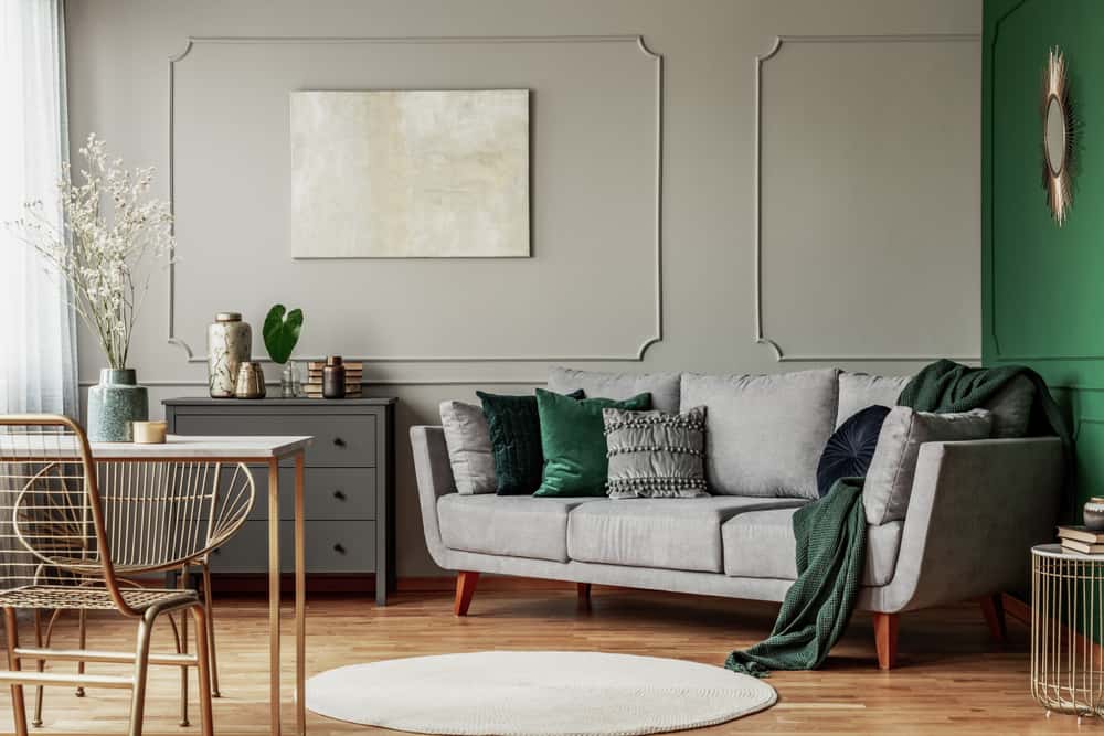 grey and green color living room