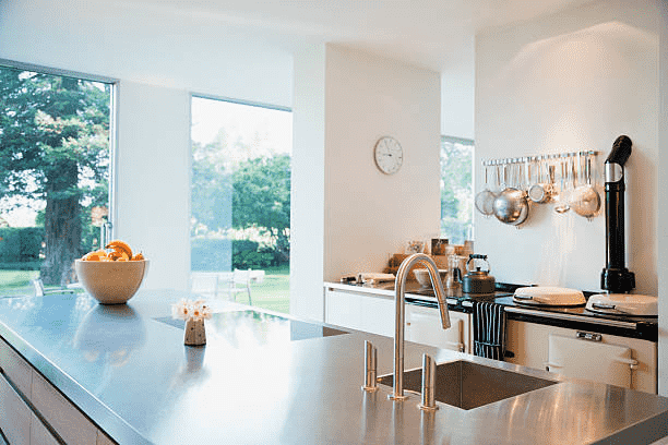 contemporary white kitchen with glass