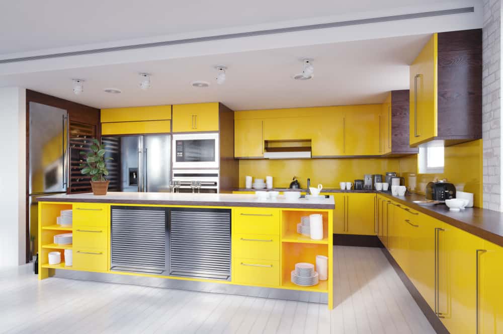 grey and yellow semi modular kitchen