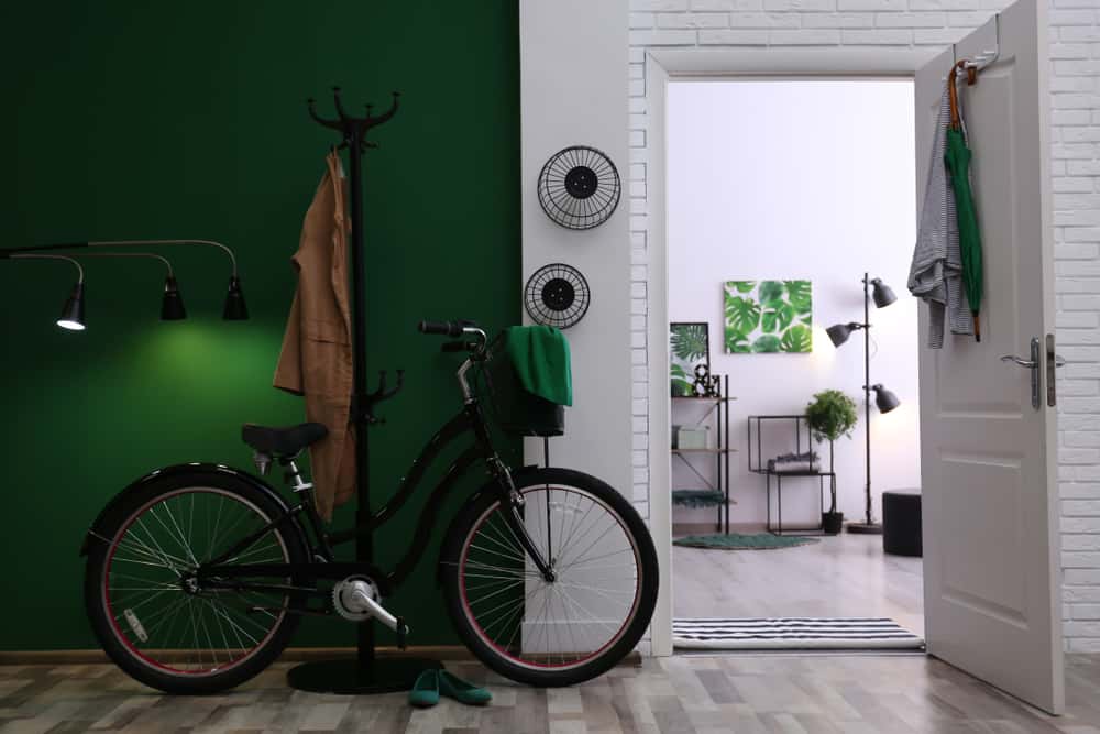 leafy green accent wall with cycle