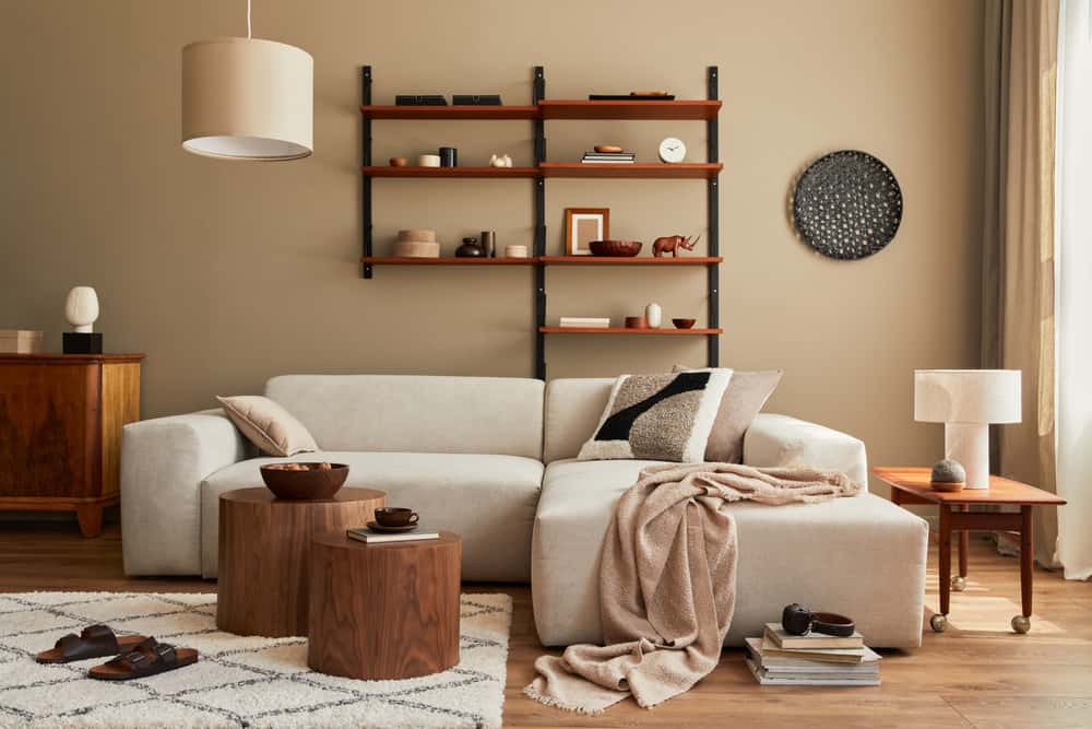 brown living room and grey sofa
