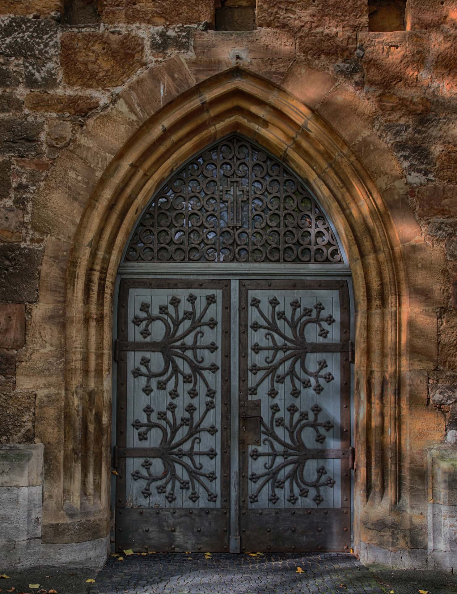 double door with intricate wrought iron patterns