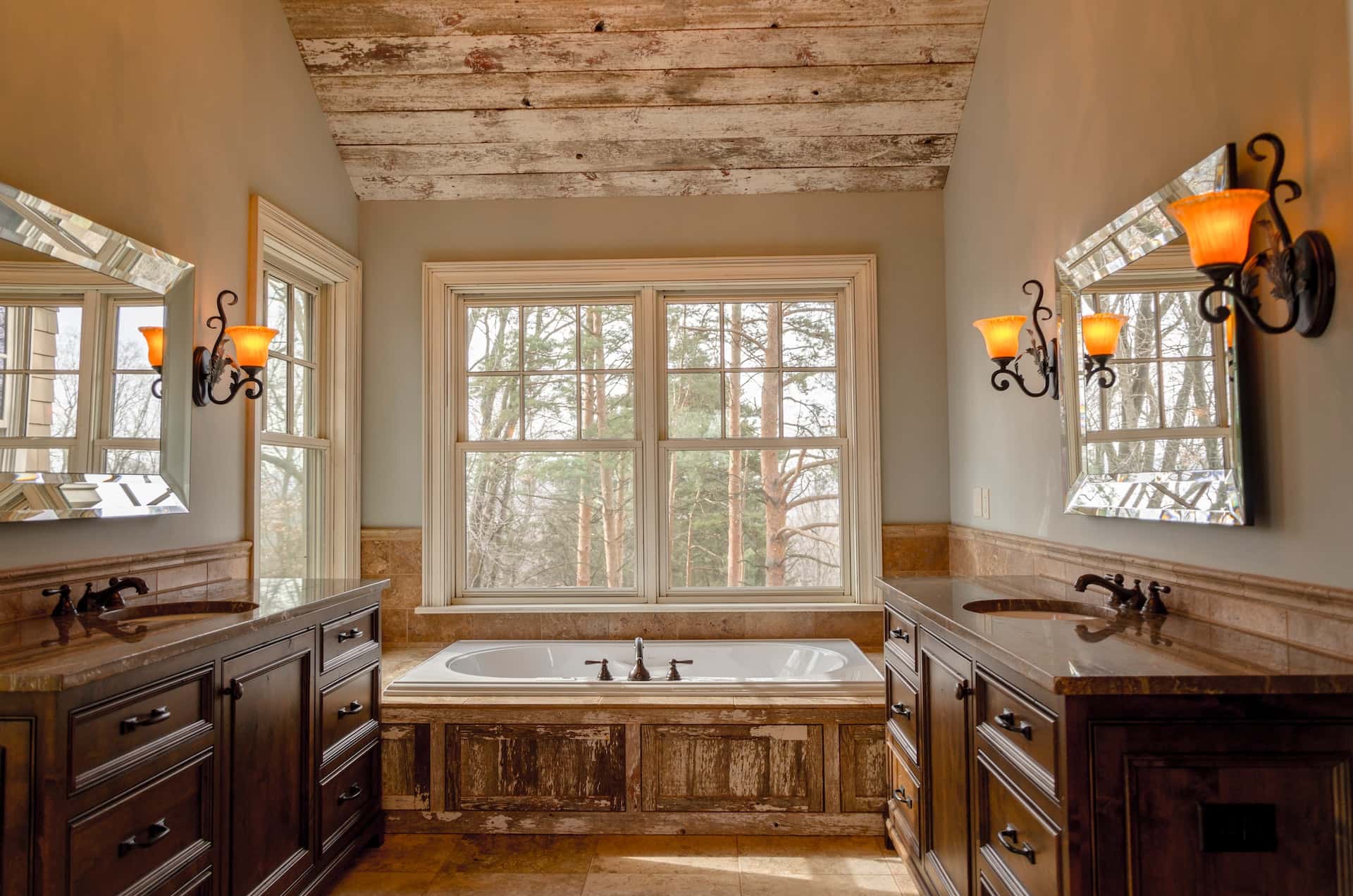 wooden bathroom design with a bathtub