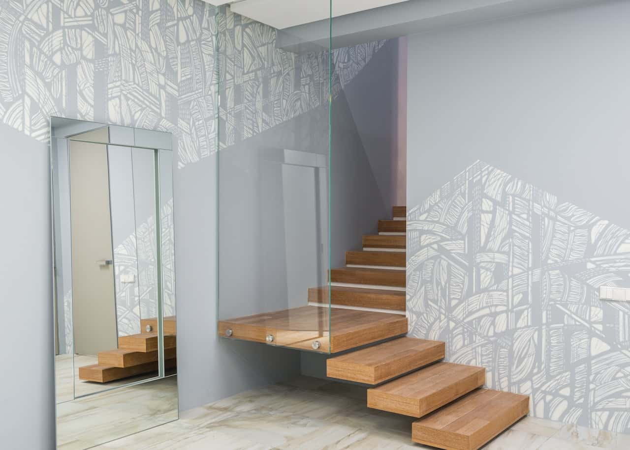 free-hanging wood panel staircase
