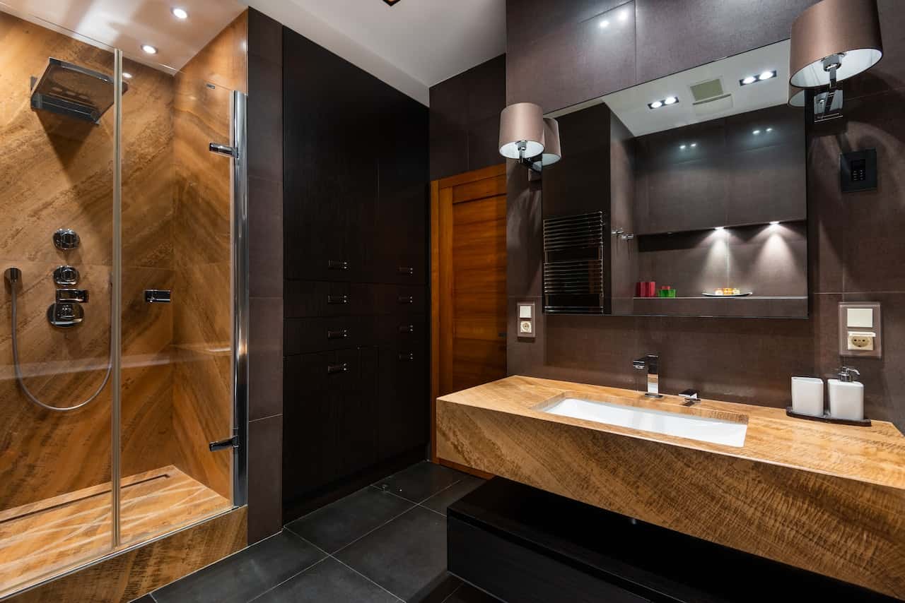 glossy wooden washroom countertops 