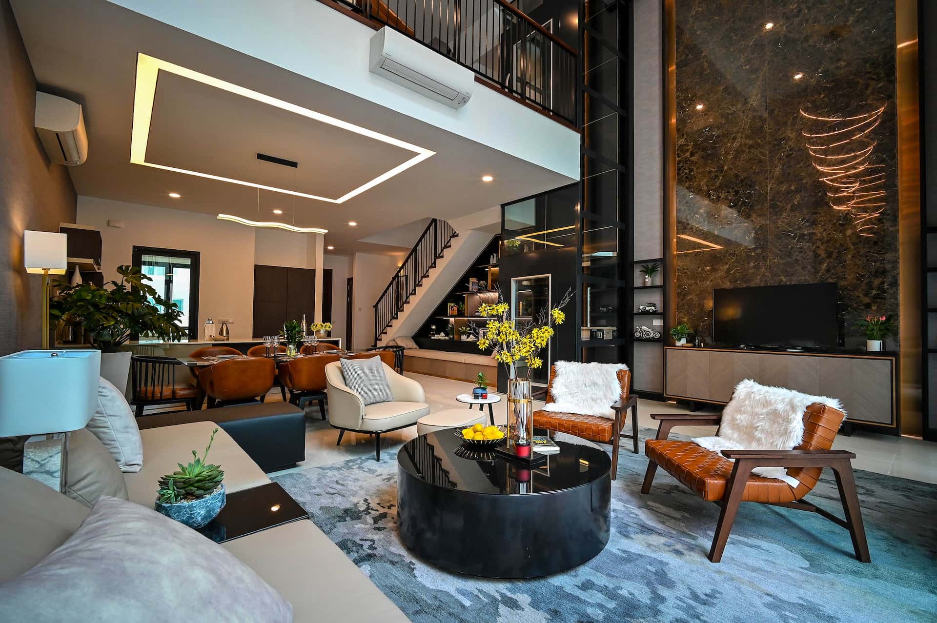 wall designs in a double-height living room