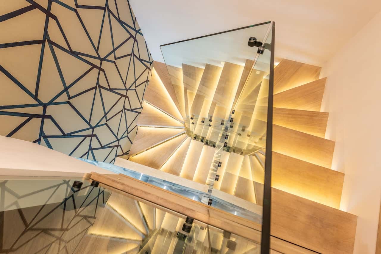 wooden staircase design with glass