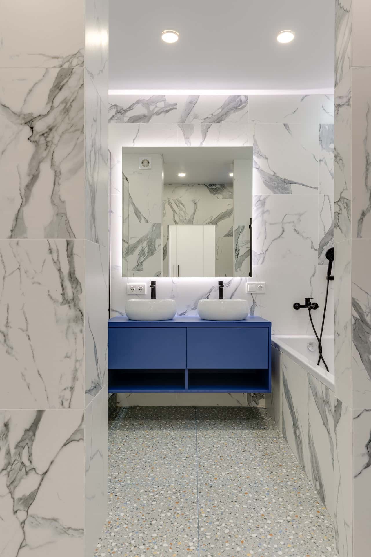 contrasting blue bathroom cabinet design
