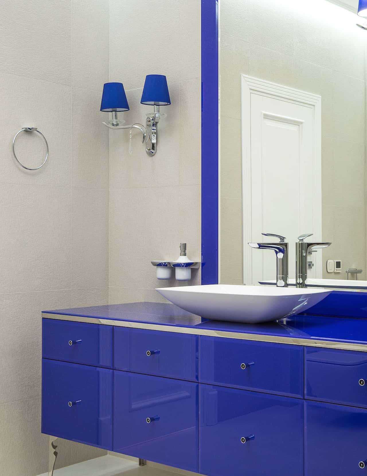 glossy blue finish bathroom  cabinet design