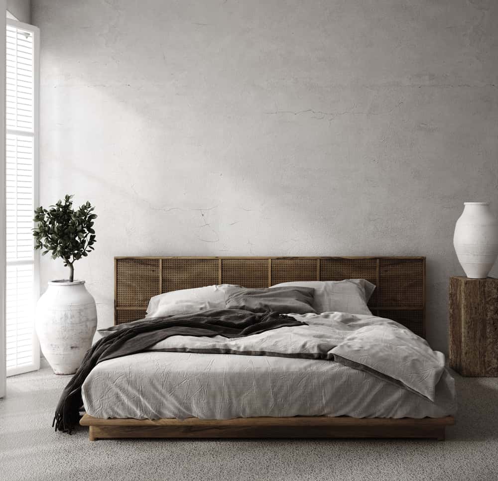 simple bedroom with wood headboard