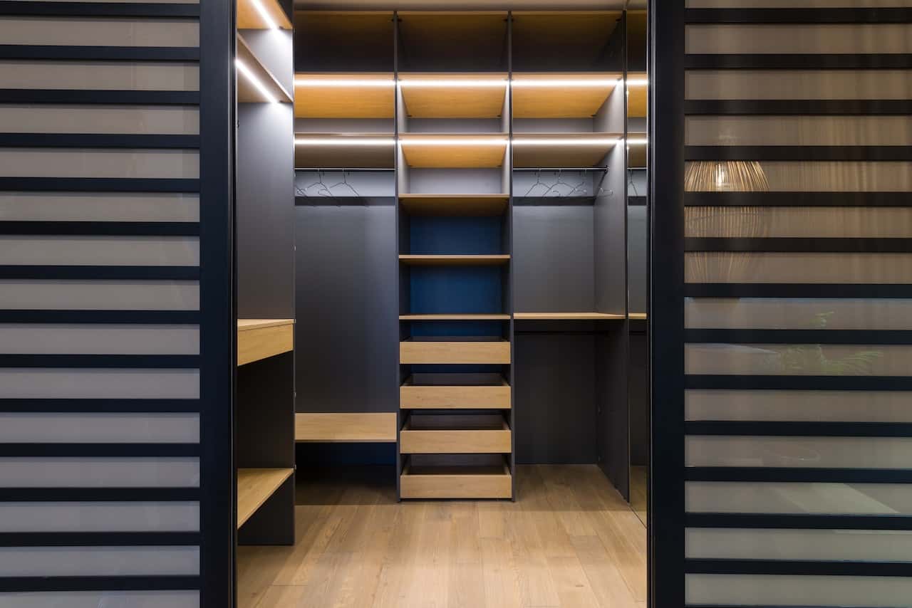 walk-in wardrobe with led light strips