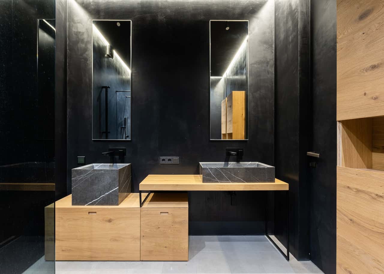 wood and black bathroom designs