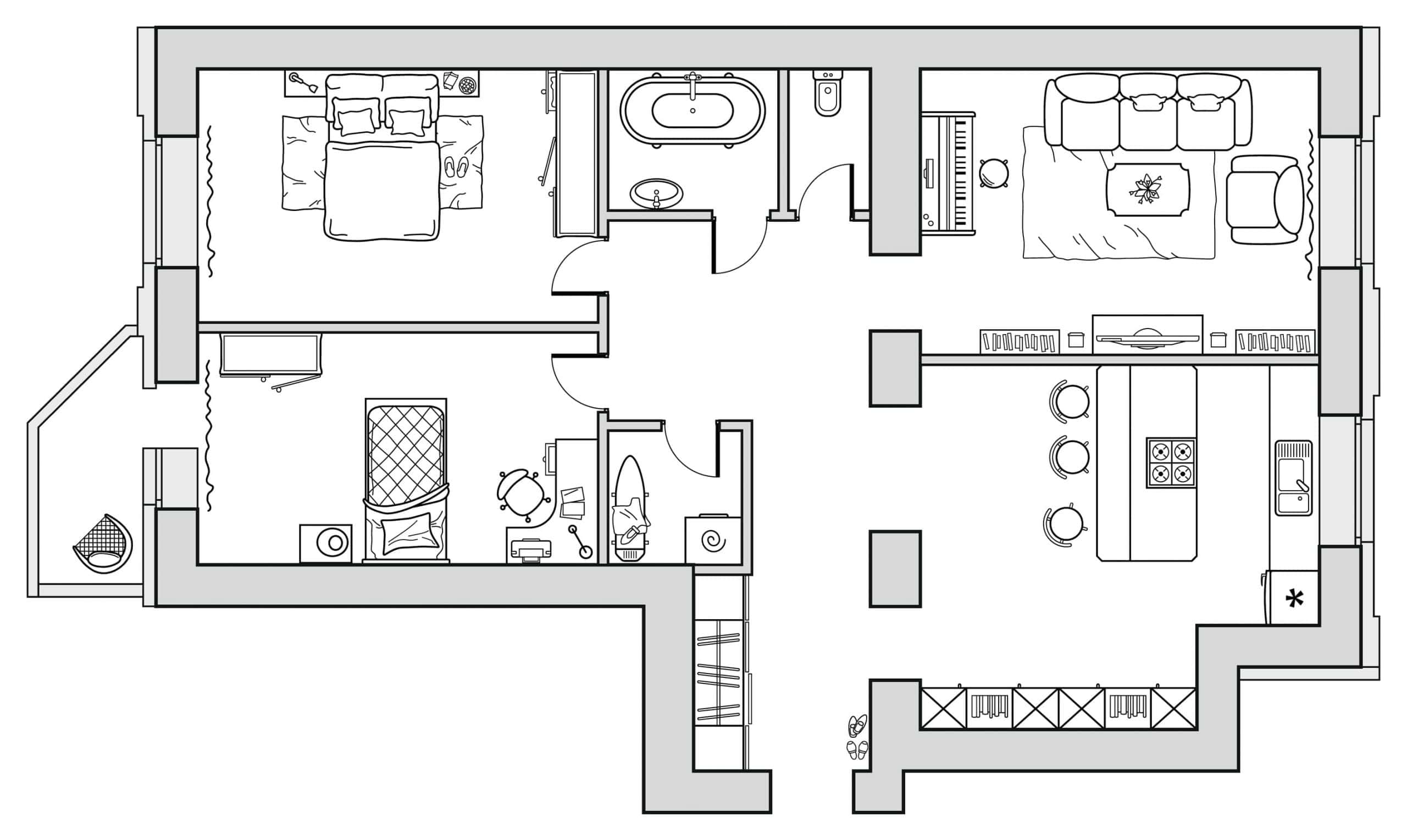 2bhk house plan with common bathroom