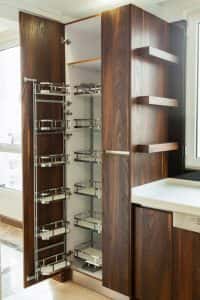 modern kitchen opened wooden drawers accessories