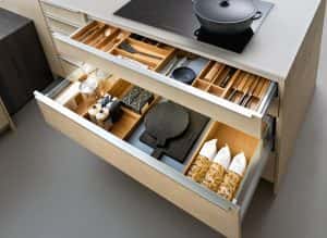 modern kitchen open drawers set cutlery