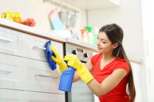 Young Housewife Wearing Rubber Protective Gloves