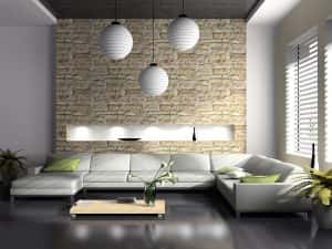 modern drawing room interior with trendy white globes hanging light