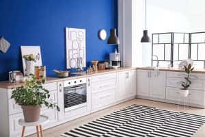 Interior modern kitchen blue wall