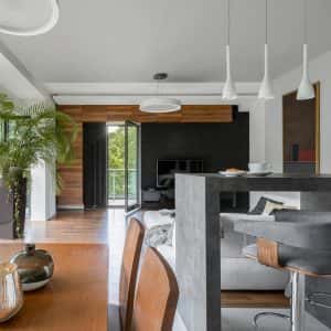 Elegant kitchen concrete counter wooden dining