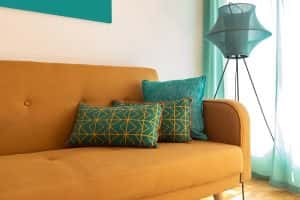 Mustard Sofa Detail Turquoise Cushions Modern