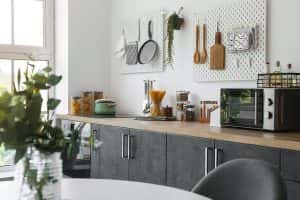 Stylish counters utensils pegboards on light