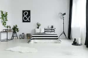 Minimalist bedroom fur rug black white