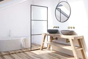 Modern bathroom interior wooden shelf 